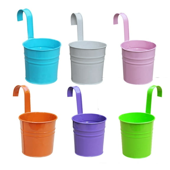 Bouanq Flower Pots,6 Pcs Metal Iron Hanging Flower Plant Pots Balcony Garden Plant Planter Baskets Fence Bucket Pots 3.94'' Flower Holders with Detachable Hook