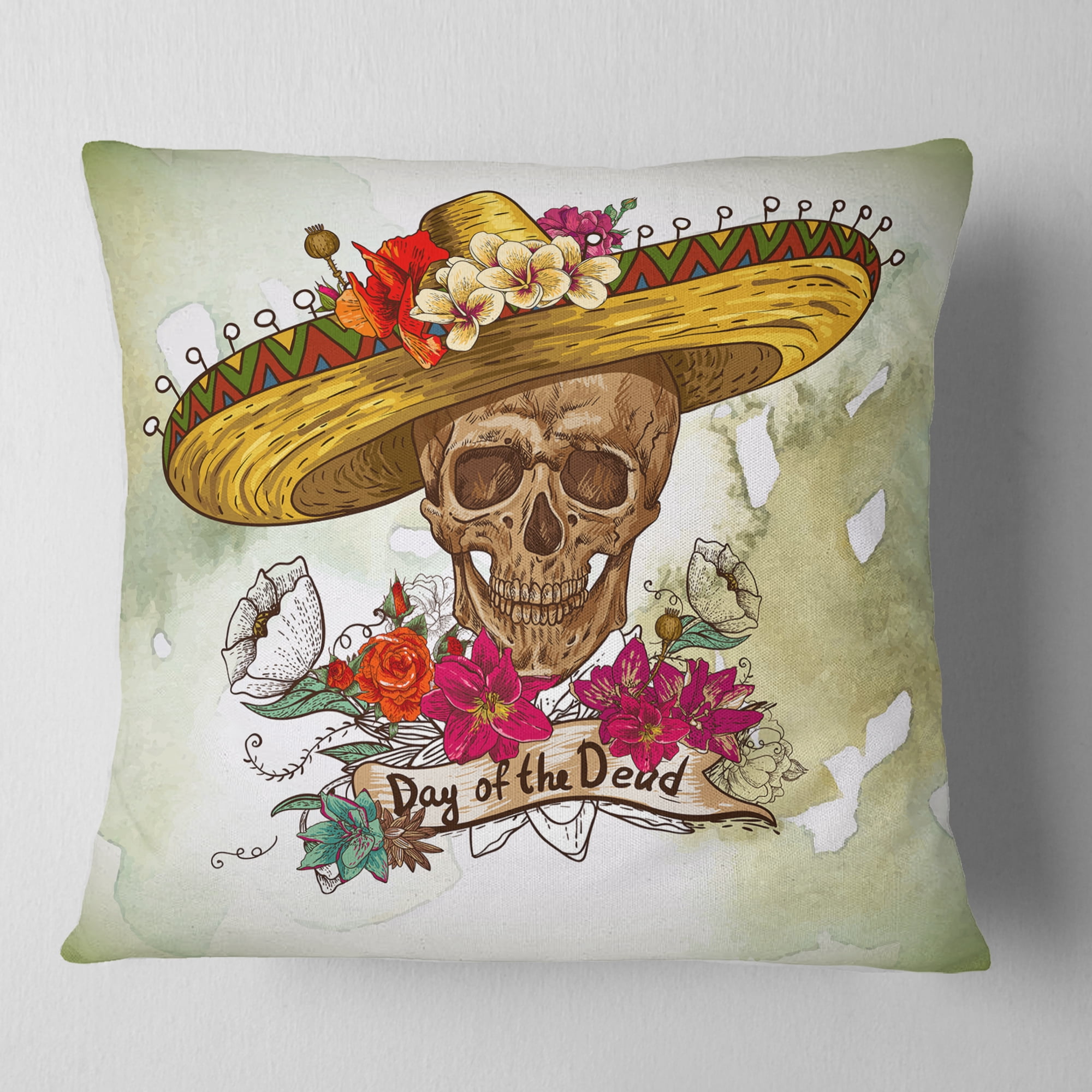 Designart Skull in Sombrero with Flowers - Floral Throw Pillow - 18x18