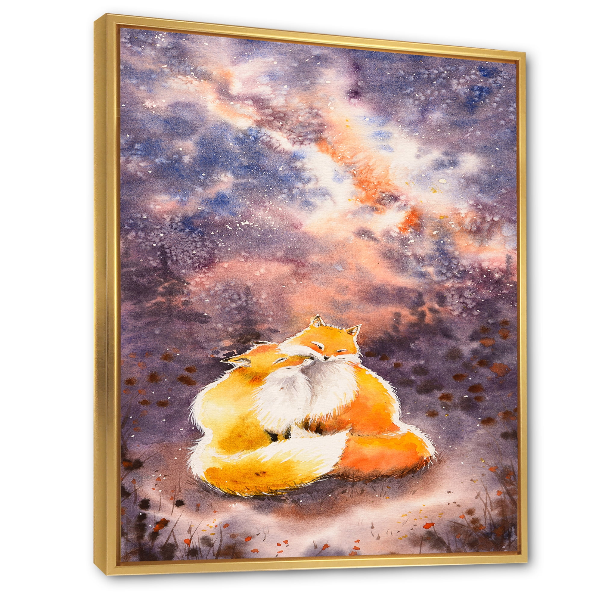 Designart 'Foxes Over A Night Sky Hugging ' Children's Art Framed Canvas Wall Art Print