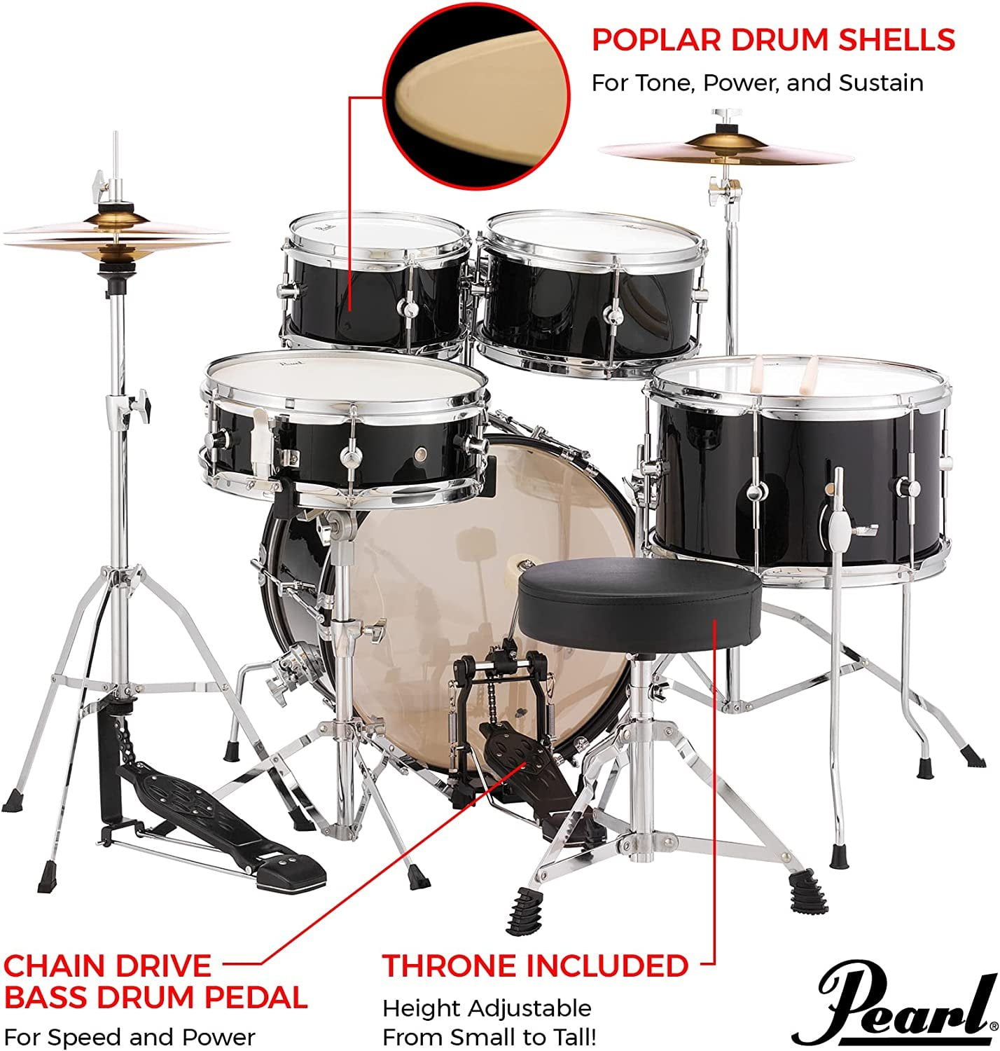 Pearl Roadshow Junior 5-Piece Drumset w/ 16" Bass Drum, Hardware & Cymbals - Jet Black
