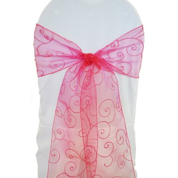 Wedding Linens Inc. (10pcs) 8'' x 108'' Embroidered Organza Sheer Chair Sashes Chair Bow Ties - Fuchsia