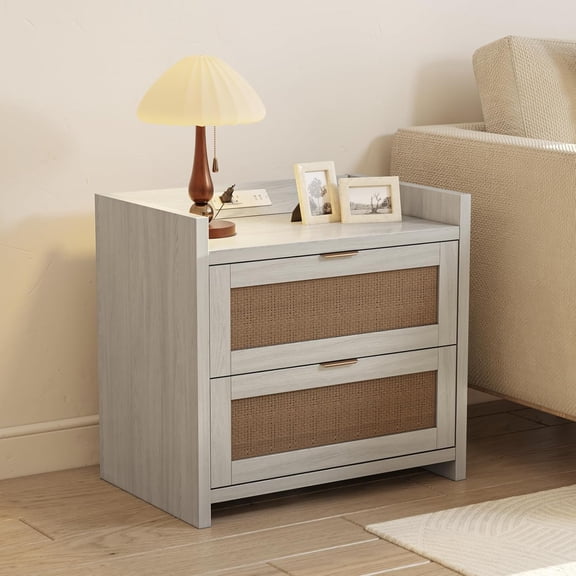 EROMMY Rattan Nightstand with 2 Storage Drawers, Boho End Table with Charging Station, Modern Night Stand with Gold-Finished Handles, Dresser for Bedroom, Study, Living Room, Grey (1 Piece)