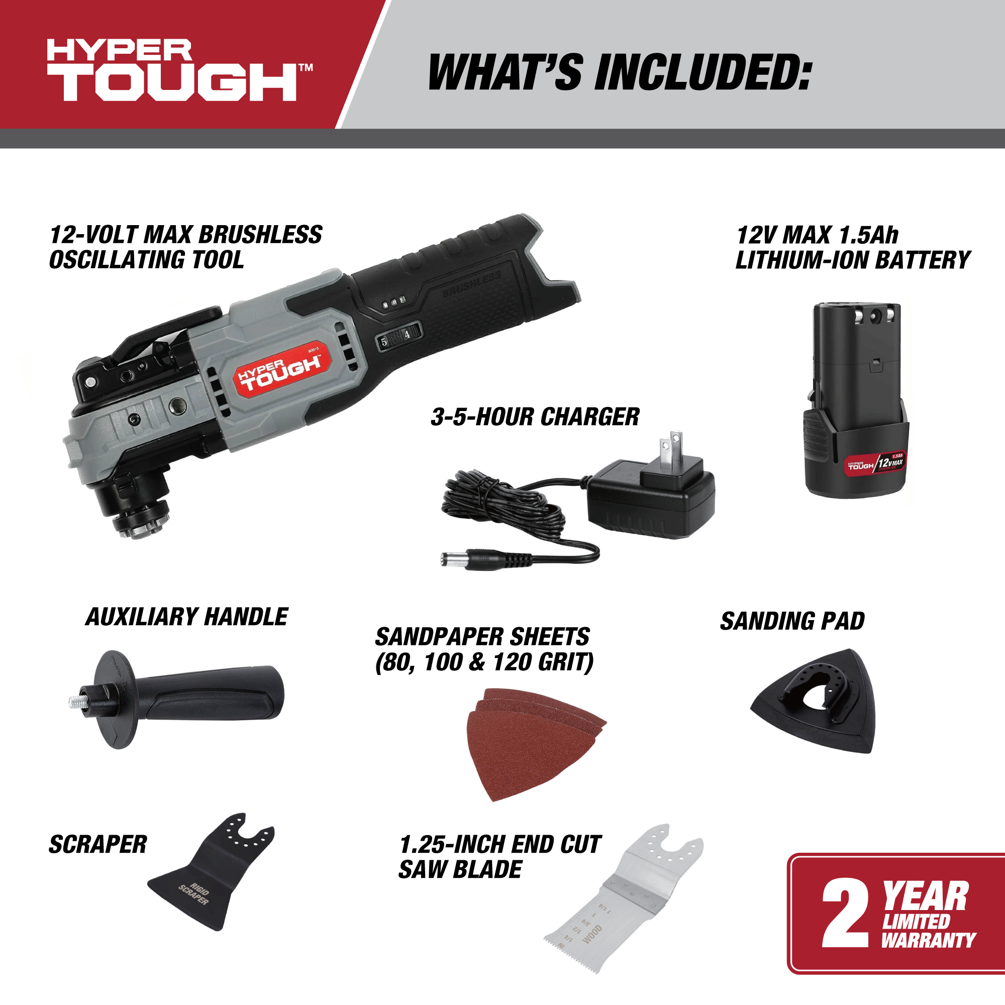Multiherramienta oscilante Hyper Tough sin escobillas de 12V Max de iones de litio con batería de 1.5Ah y cargador 4
