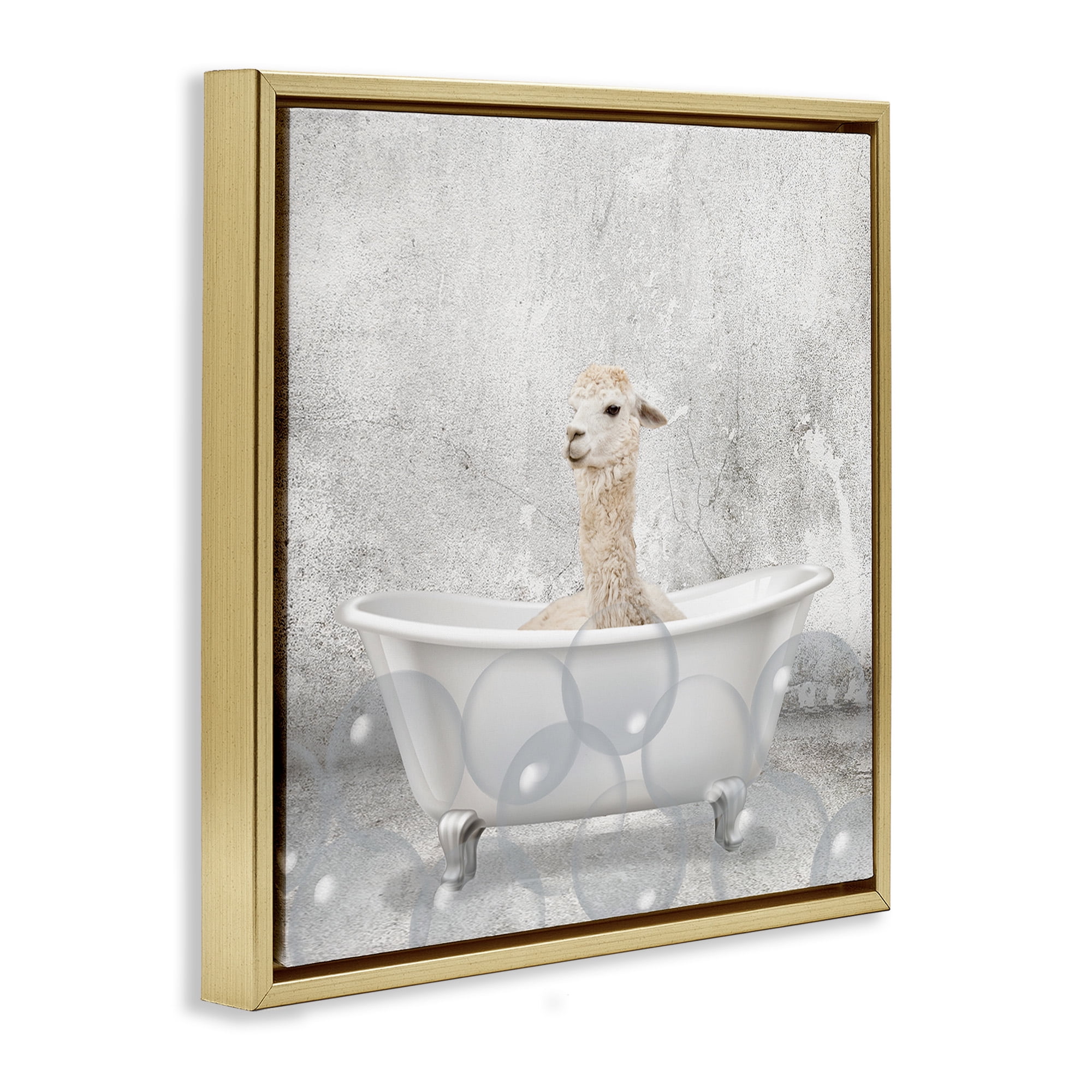 Stupell Industries Baby Llama Bath Time Animals & Insects Painting Gold Floater Framed Canvas Art Print Wall Art, 18 x 18