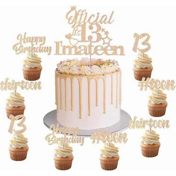 13th Cake Decorations - Official 13 I'm a Teen Cake Topper with 24 Pack Cupcake Toppers Rose Gold Glitter for Teenager Girls Thirteen Birthday Party Supplies