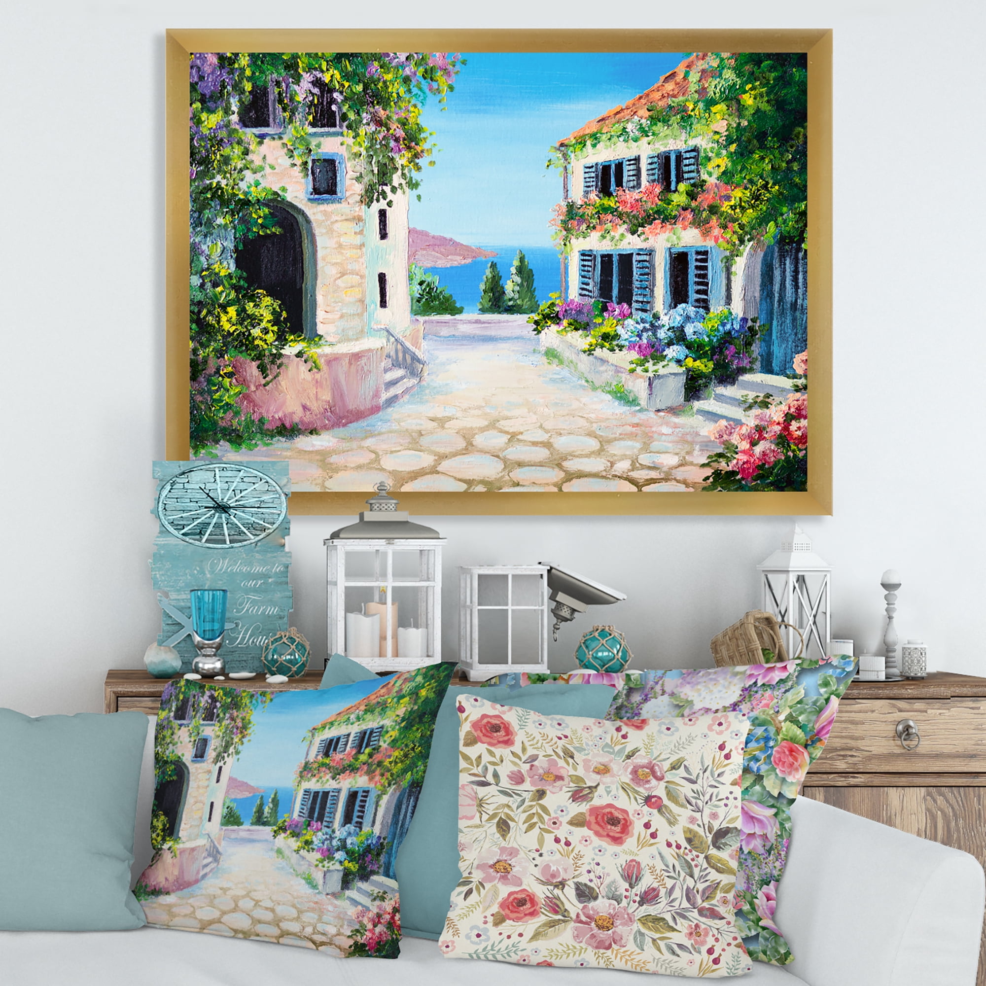 Designart 'Blossoming Flowers With White Houses With Near The Sea' Nautical & Coastal Framed Art Print
