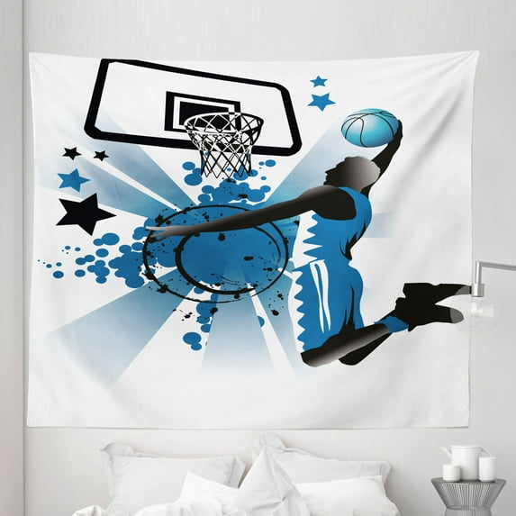 Teen Room Tapestry, Silhouette of Basketball Player Jumping Success Stars Illustration, Fabric Wall Hanging Decor for Bedroom Living Room Dorm, 5 Sizes, Black and Violet Blue, by Ambesonne