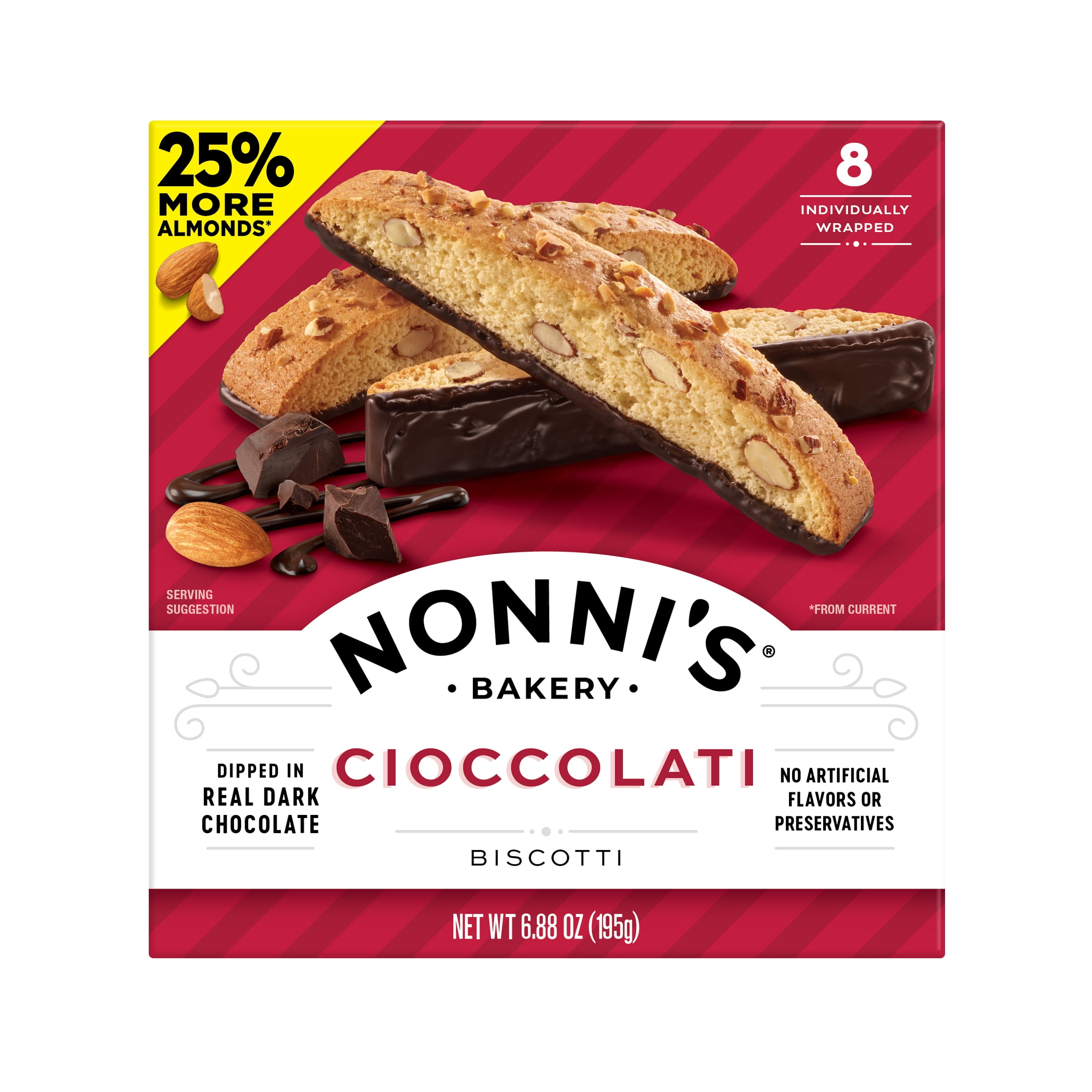 (6 pack) Nonni's Bakery, Cioccolati Almond Biscotti, Individually Wrapped, 6.88 oz, 8 Count