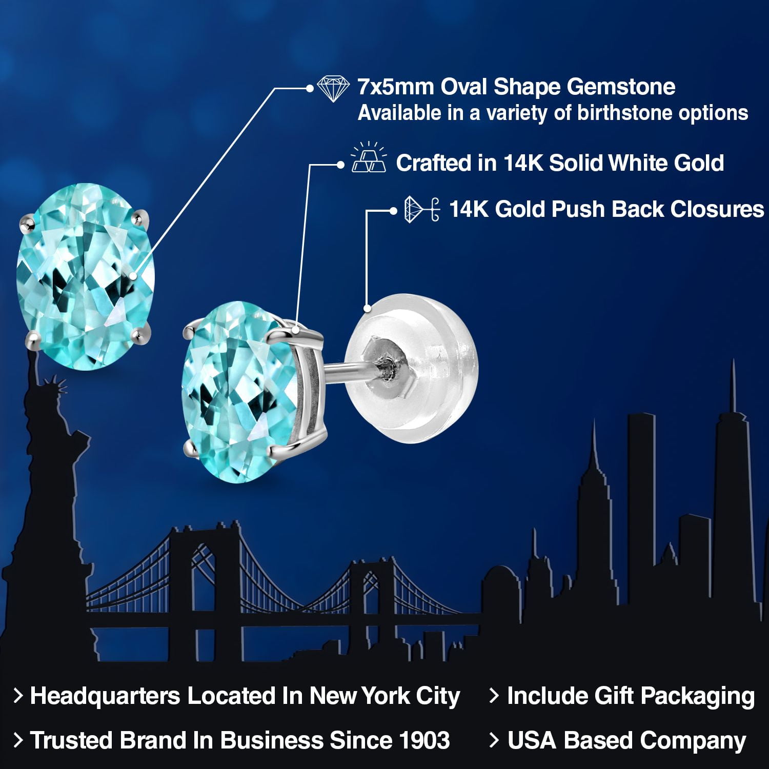 Gem Stone King 1.64 Ct Oval 7x5mm Blue Apatite 14K White Gold Stud Earrings for Women Men
