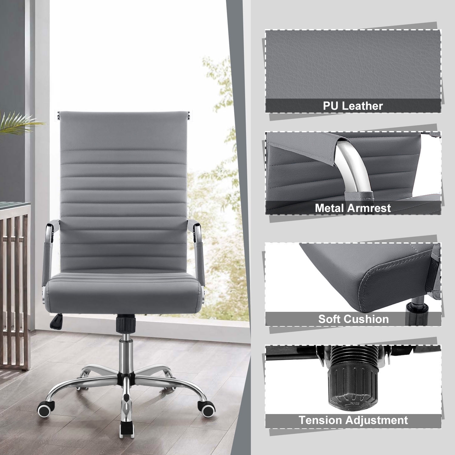 Lacoo Mid-Back Faux Leather Office Desk Chair Executive Conference Task Chair with Arms, Gray