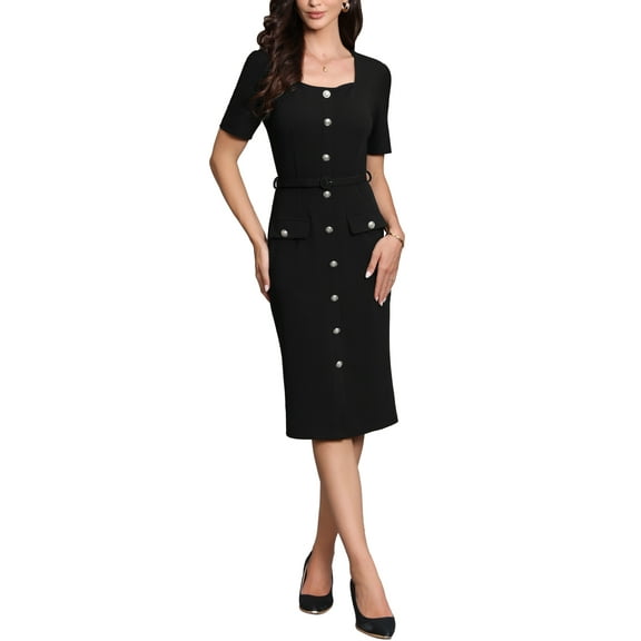 Work Dress for Women Square Neck Short Sleeve Button Down Vintage Sheath Midi Dresses with Belt XS Black
