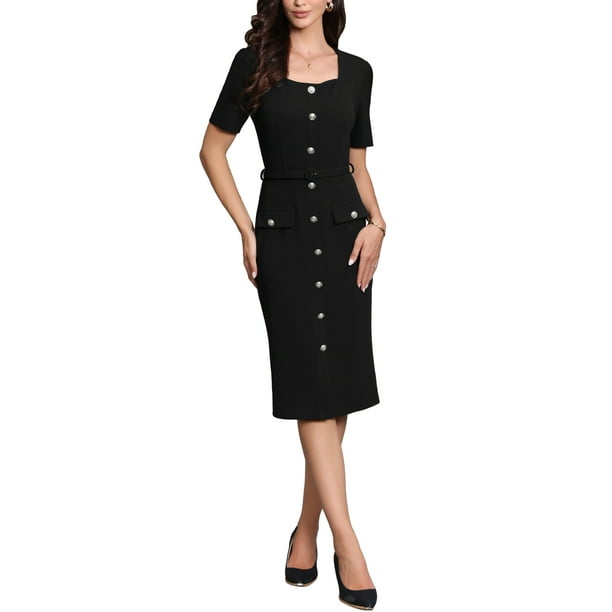 Vestido de trabajo para mujeres, cuello cuadrado, manga corta, botón hacia abajo, vestido midi de corte ajustado con cinturón, negro