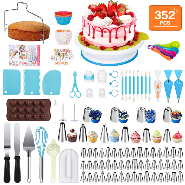 GPED Kit de Decoración de Pasteles, 352 Pzas de Suministros para Hornear Pasteles con 48 Puntas Redondas, 6 Puntas Coreanas y 4 Puntas Rusas, Juego de Repostería con 3 Niveles, Plato Giratorio Antide