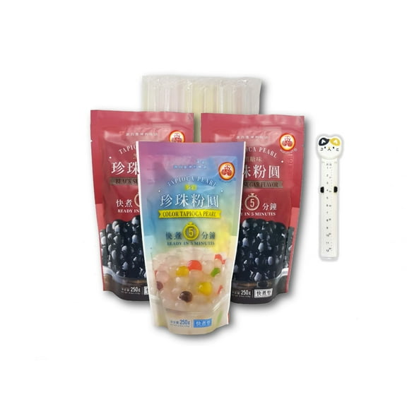 WuFuYuan 3-Pack Boba Tapioca Pearls 2 Variety (2 Black and 1 Color) with 25 Boba Wide Straws Individually Wrapped Bubble Tea Ingredients Plus Bonus Calendar Storage Bag Clip (5-piece Set)