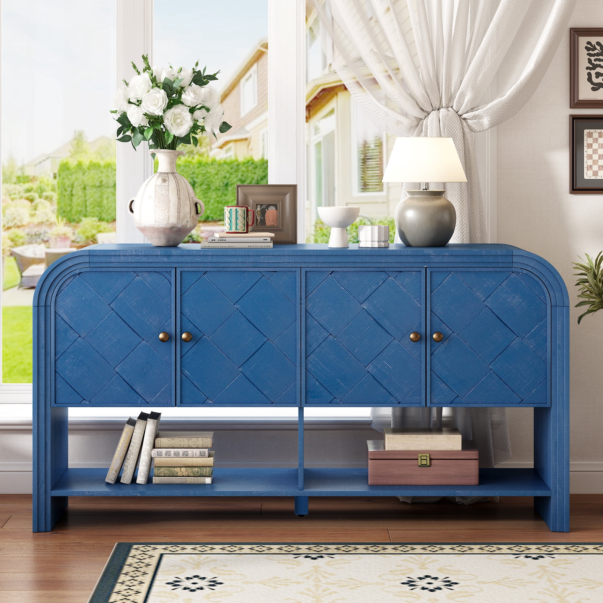 EUROCO 59.8" Long Console Table,Wood Entryway Table with 4 Doors and Open Storage Shelf, Narrow Long Sofa Table Behind Couch for Hallway, Living Room,Navy Blue