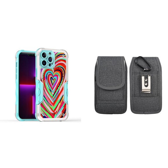 Case and Pouch Bundle for iPhone 14 Pro Max: Heavy Duty Armor Rugged Case (Abstract Love Hearts) and Vertical Nylon Fabric Belt Holster (Grey)