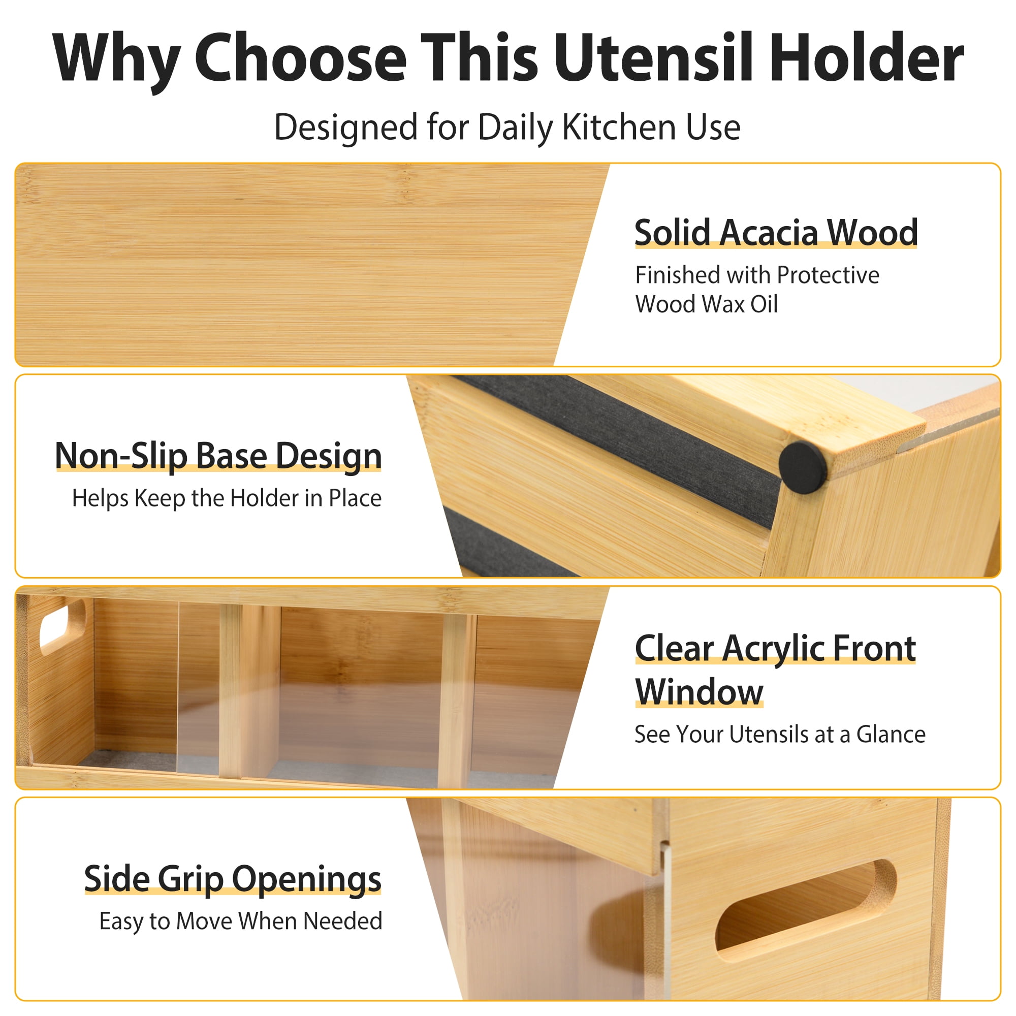 Sentryse Kitchen Utensil Holder with 6 Compartments, Wooden Utensil Holder for Kitchen Counter, Cooking Utensils Organizer with Quick Dry Diatomite Base, Acacia Rustic Wood, Small Size