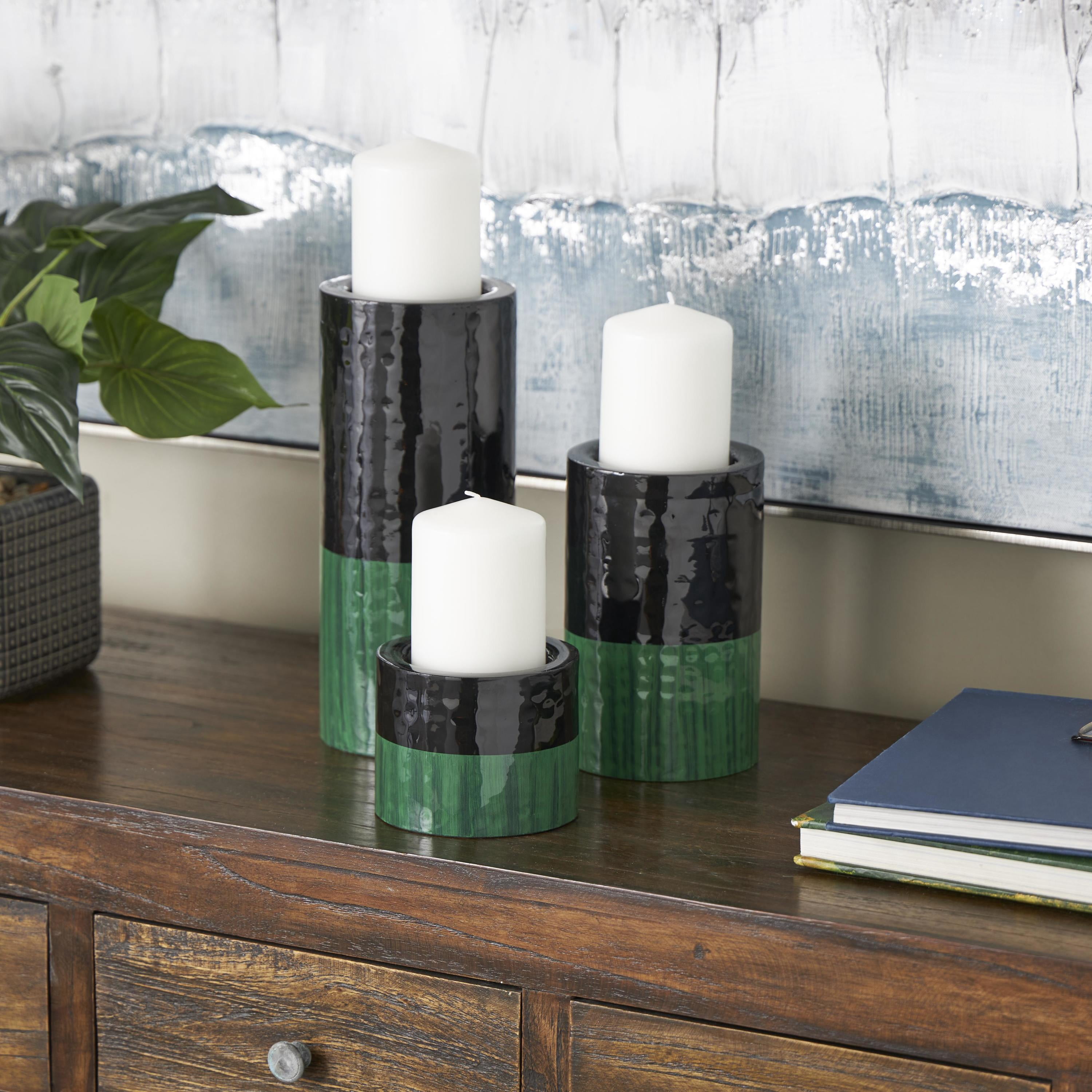 DecMode 3 Candle Green Metal Colorblock Candle Holder with Paint Streak Designs, Set of 3