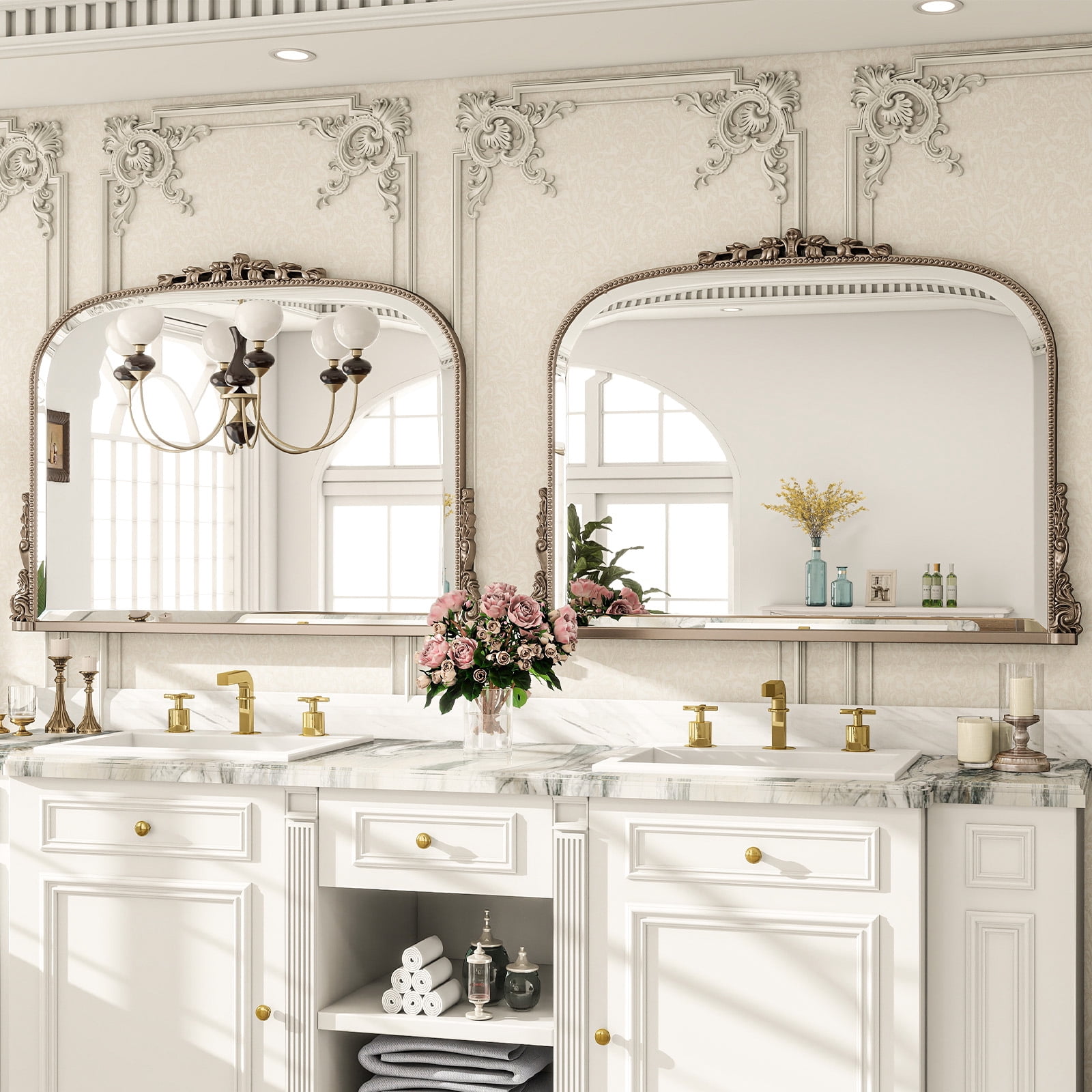 GRAHMCY 36"x 27" Bathroom Mirror Arched Vanity Mirror Decor Wall Mirror Vintage Mirror, Antique Silver