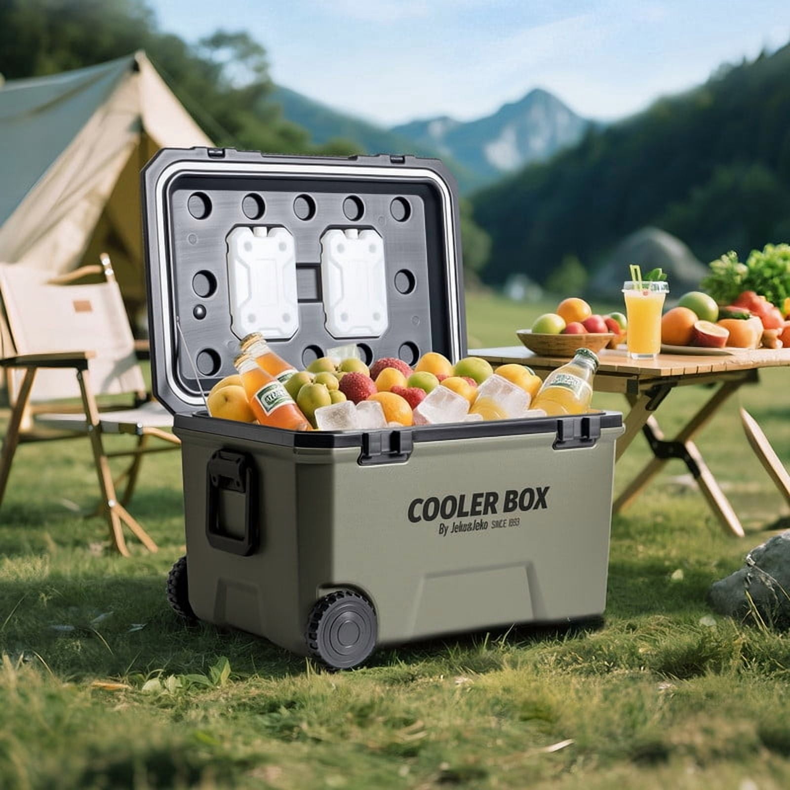 JEKO&JEKO 60QT Rolling Cooler with Wheels, Ice Packs, Cup Holders, Bottle Opener & Drain Plug, Portable Hard Cooler for Camping, Fishing, Beach, Picnic (Black & Gray)
