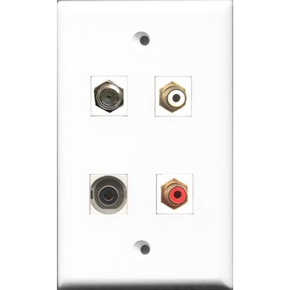 RiteAV 1 Port RCA Red and 1 Port RCA White and 1 Port Coax Cable TV- F-Type and 1 Port 3.5mm Wall Plate