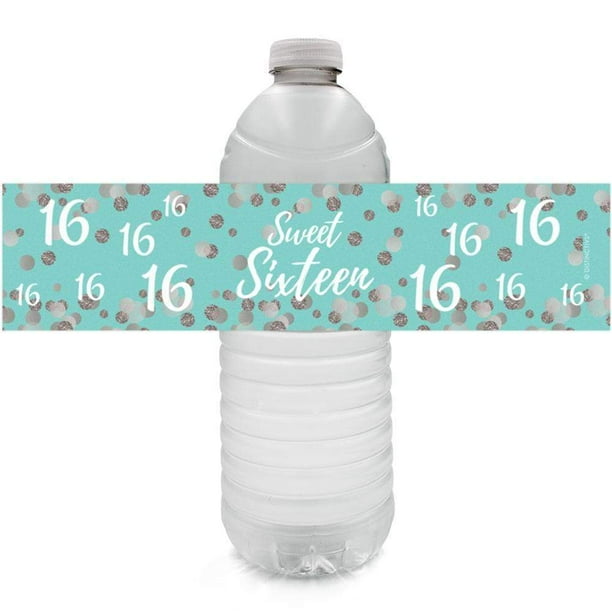 Sweet 16 Water Bottle Labels, Blue and Silver - Happy 18th Birthday Party Favor Stickers - 24 Count - Distinctivs