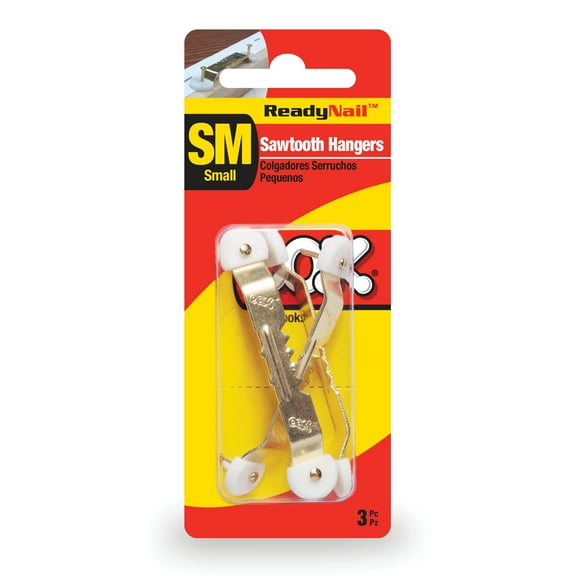 Ook Sawtooth Picture Hangers, ReadyNail, Small, Self-leveling, Steel, Brass Finish, Gold, 3 pack