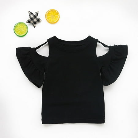 BLTIBY 2025 Toddler Girls T-shirt Summer Round Neck Ruffle Sleeve Short Sleeve Solid Color Tee Kids Off the Shoulder Casual Fashion Pullover Tops Black 12-24 Months BLTIBY 2025 Toddler Girls T-shirt Summer Round Neck Ruffle Sleeve Short Sleeve Solid Color Tee Kids Off the Shoulder Casual Fashion Pullover Tops Black 12-24 Months