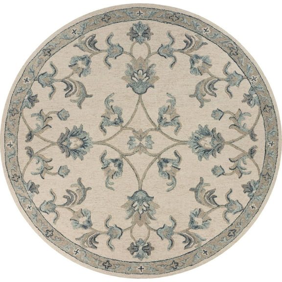 Laddha Home Designs 4.75' Ivory and Blue Floral Hand Tufted Round Area Throw Rug
