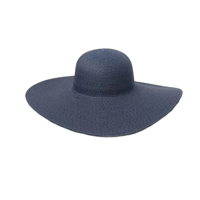 WZXFASHION Summer Solid Color Fashion Rhinestone14cm Oversized Sun Hat Ladies Beach Hat Travel Foldable Hat Clothing Shoes & Accessories Navy One Size