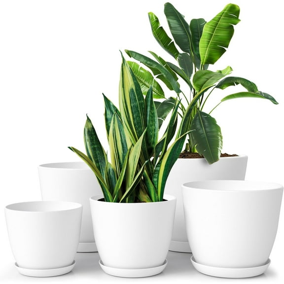 FOUKUS Set of 5 White Plastic Plant Pots with Drainage Holes and Tray - Eco-Friendly Indoor/Outdoor Flower Planters for Succulents, Cactus, Snake Plants - Sizes: 7", 6.6", 6", 5.3", 4.8"