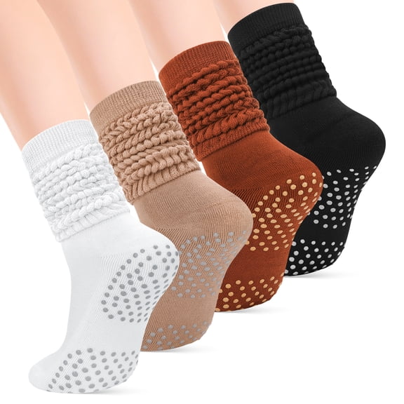 Bocaoying 4 Pairs Women's Grippy Slouch Socks - Non-Slip Pilates Socks with Grips, Stretchy Scrunch Socks for Yoga Barre, Hospital and Gym, US 5-10
