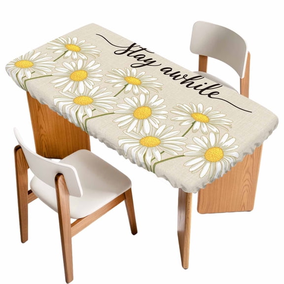 Daisy Flower Table Cloths for 4 Foot Rectangle Tables, Vintage Farmhouse Country Floral Plant Patio Waterproof Elastic Fitted Tablecloths, Washable Rectangular Table Cover for Camping