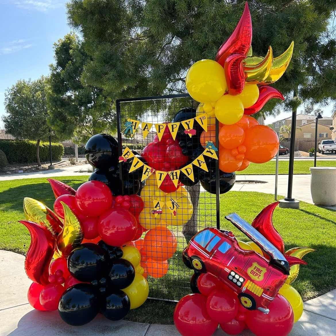 Fire Balloon Garland Arch Kit 144PCS Balloons with Fire Truck Foil Balloons for Fireman Birthday Party Supplies Firefighter Rescue Theme Decoration Red Yellow Chrome Gold