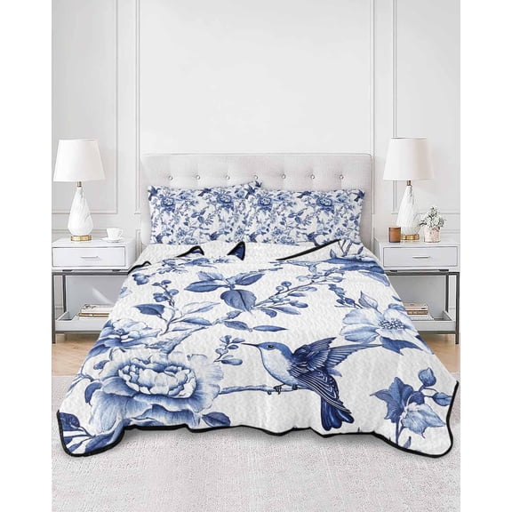 Quilts Twin Size, White Blue Spring Floral Soft Comforter Bedding Set for Bed, Summer Botanical Hummingbird Lightweight Quilted Bedspread with Pillow Cover(2 Pieces) for All Season, 68x86 Inch