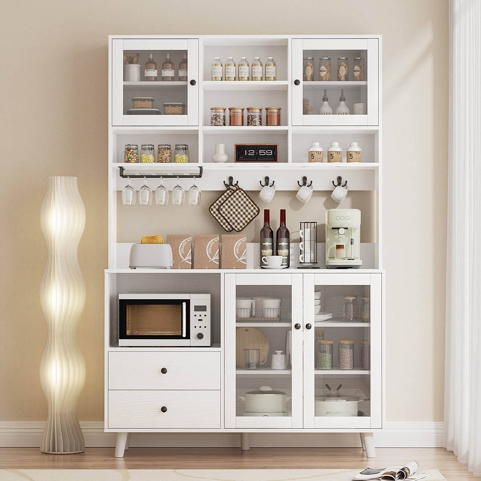 RichYa 72.5''H Pantry Cabinet with Doors & Drawers,Kitchen Storage Cabinet with Microwave Shelf & Wine Rack,Hutch Cabinet Coffee Bar for Dining Room,White