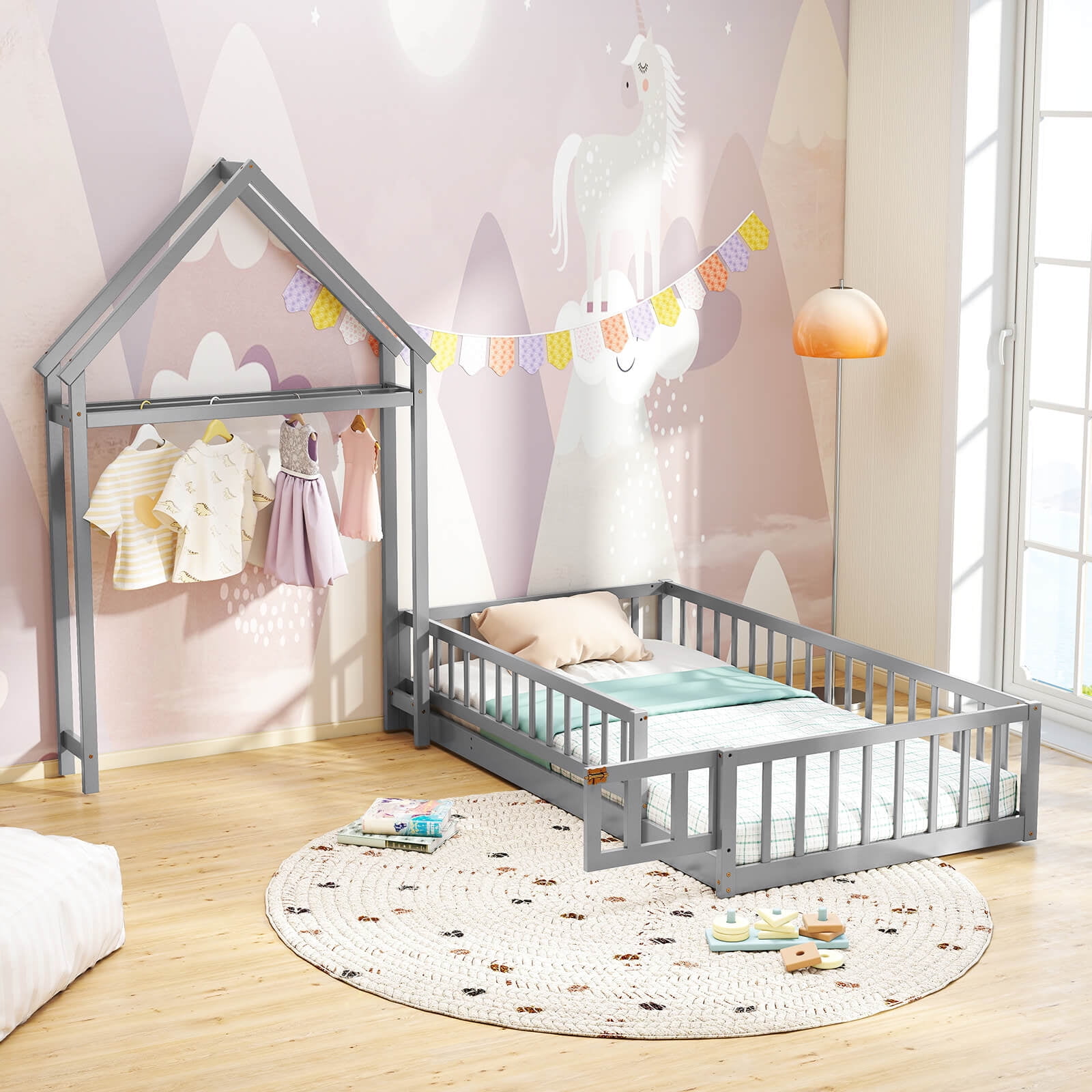 Infans Twin Size House Floor Bed w/House-shaped Headboard Clothes Hanger without Slats