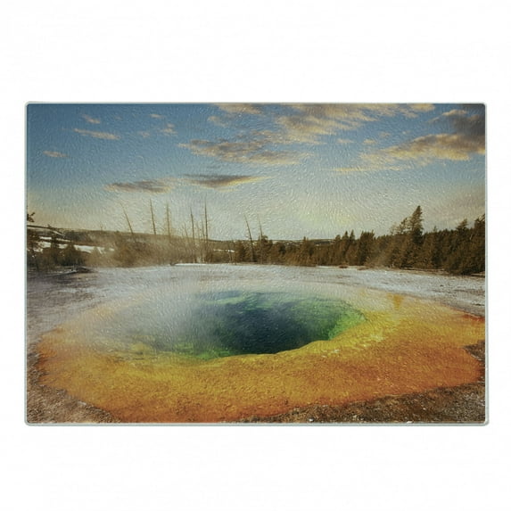 Yellowstone Cutting Board, Morning Glory Pool in Yellowstone National Park Winter Scene Landmark Theme, Decorative Tempered Glass Cutting and Serving Board, Small Size, Orange Brown, by Ambesonne