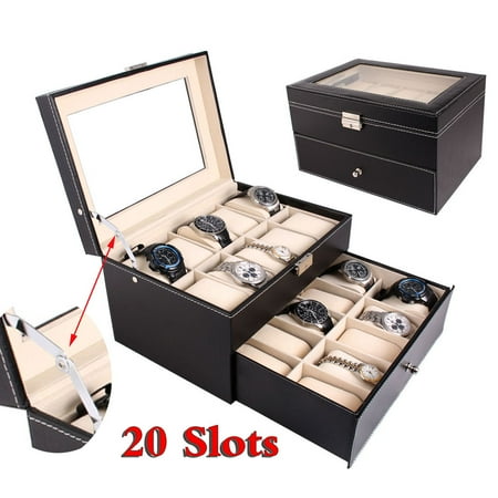 Clearance! Watch Box for Men, Jewelry Storage Display Case Organizer for Necklaces, Bracelets, Sunglasses, PU Leather 6/10/12/20/24 Slots Wrist Watch Display Box, Great Gift for Birthday, Black, W3338