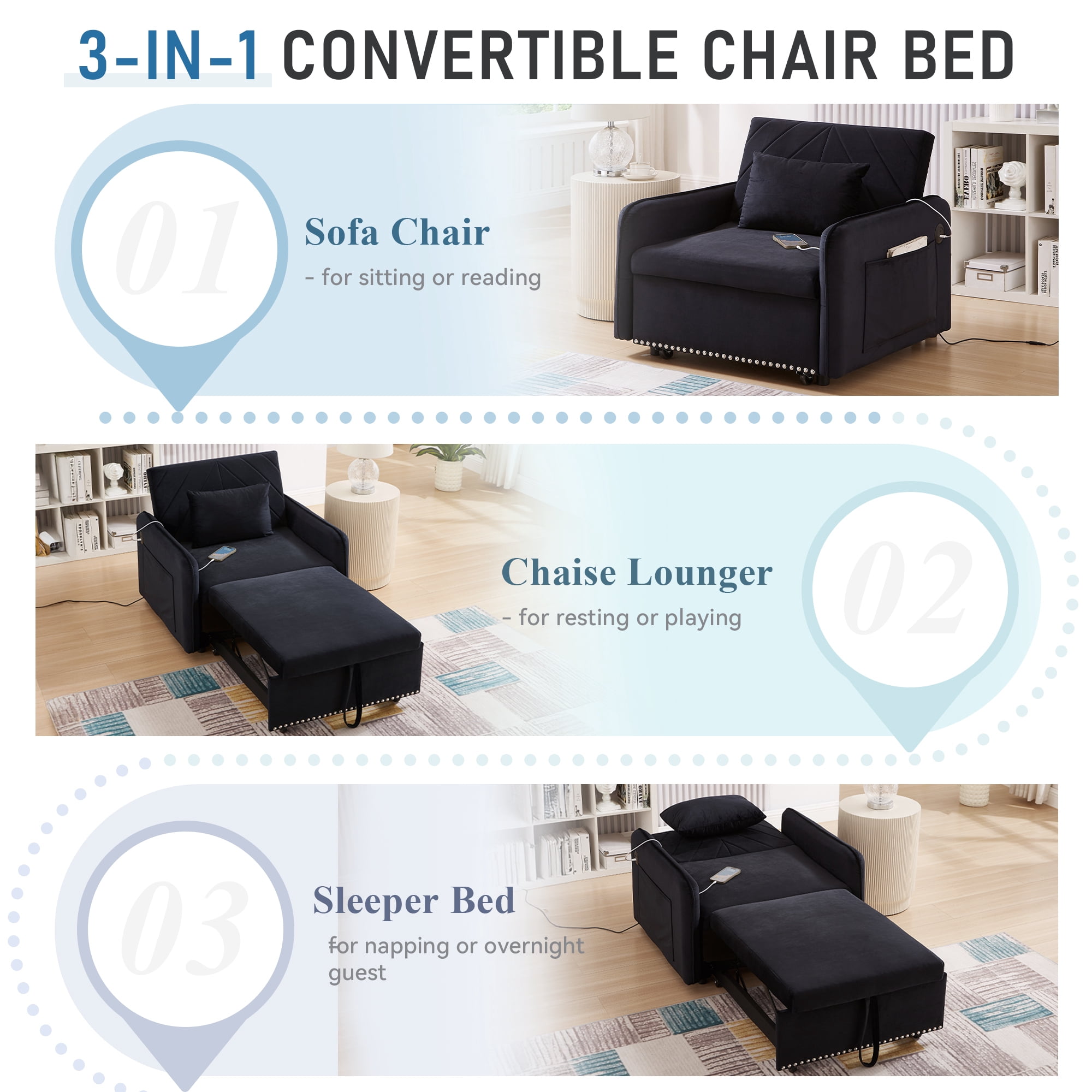 Lunale 3-in-1 Convertible Sleeper Chair Bed, Indoor Lounge Chair with USB/Type-C, Black Velvet