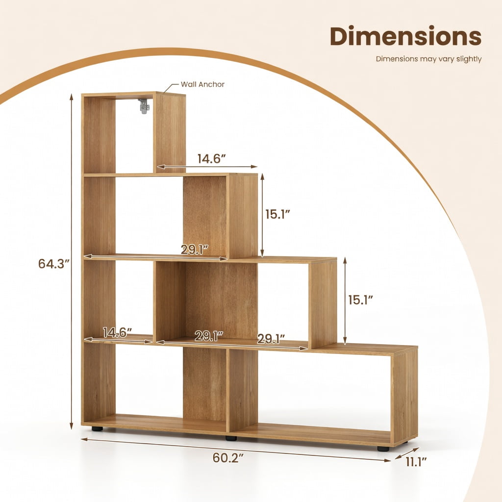 Yardi Yard 6 Cubes Ladder Shelf Corner Bookshelf Storage Bookcase-Natural, Tall Bookshelf, Bookshelf for Living Room, Home Office, Bedroom, Balcony