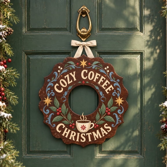 Christmas Wooden Door Sign, Cozy Coffee Wreath with Holly for Front Entry, Holiday Gift