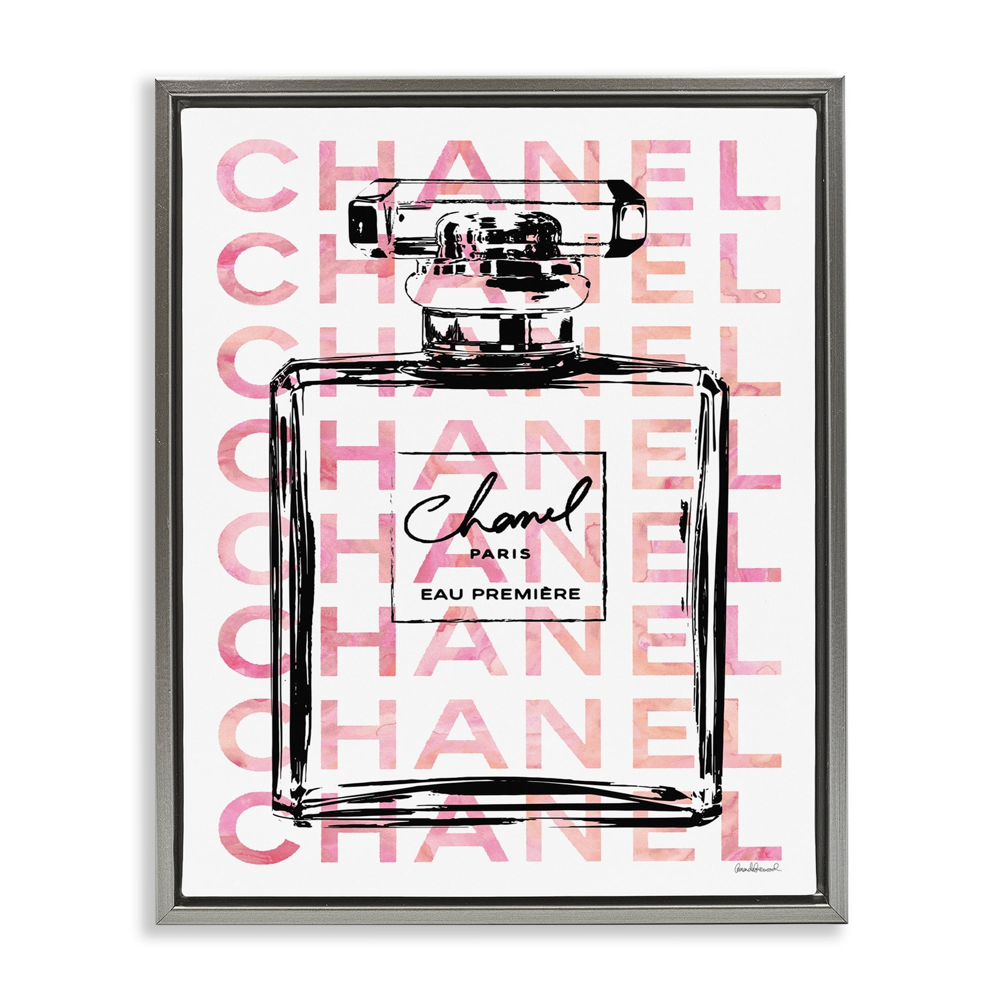 Stupell Industries Glam Perfume Bottle With Words Pink Black Luster Gray Framed Floating Canvas Wall Art, 16x20, by Amanda Greenwood