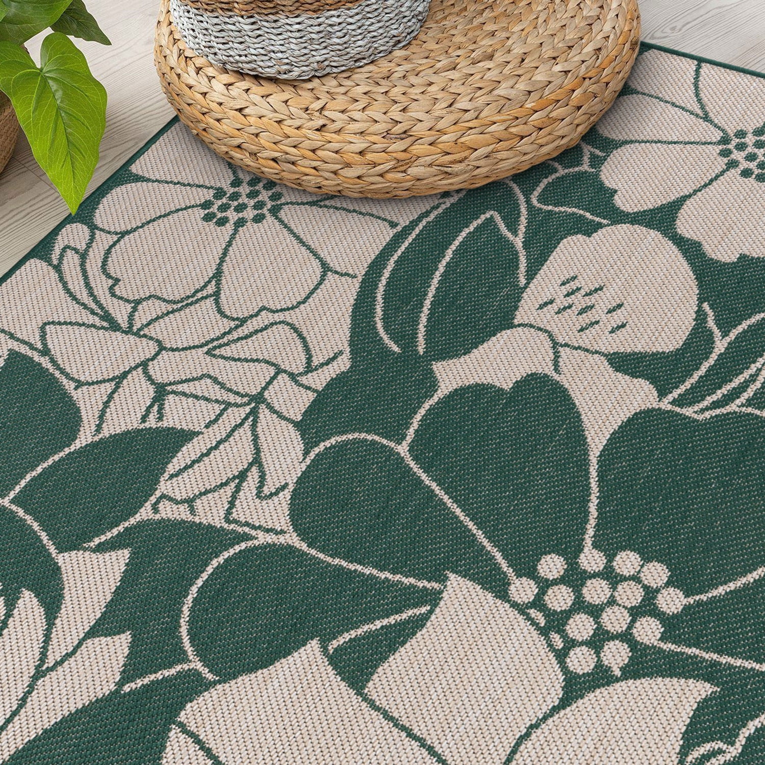 World Rug Gallery Modern Floral Flowers Textured Flat Weave Indoor/Outdoor Area Rug - GREEN 5' X 7'