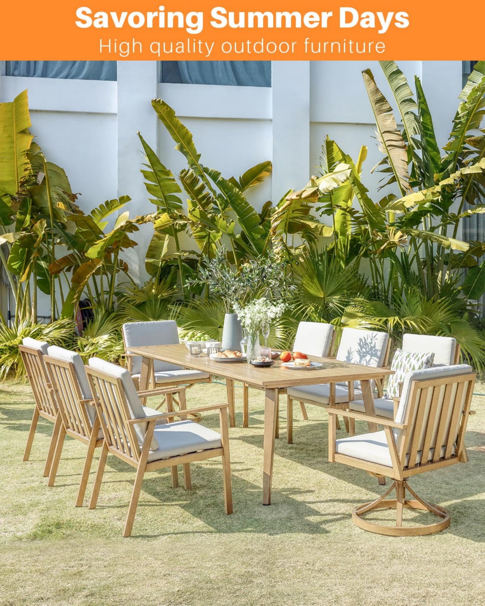 Outdoor Patio Dining Table for 8, Aluminum Outdoor Dining Table with Umbrella Hole, All Weather Patio Table for Garden, Deck, Porch, Lawn, Backyard Furniture, Natural