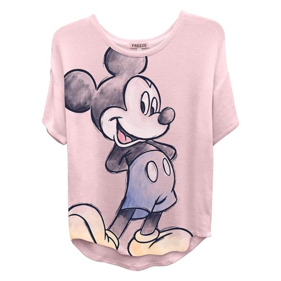 Disney Women's Mickey Mouse Shirt, Graphic Cartoon Curved Hem T-shirt Blush – XL
