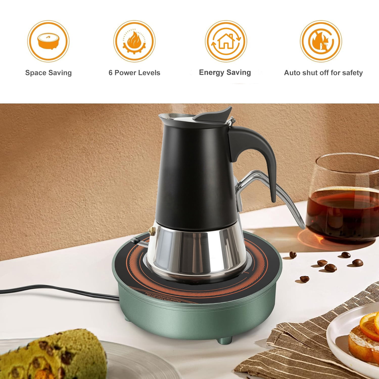 Abangdun 700W 85V~120V Induction Cooktop with 4-Cup 200ml Stainless Steel Moka Pot Mini Electric Stove Portable Small Hot Plate Cooker for Brewing Coffee Tea External Wired Control Panel