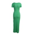 thumbnail image 5 of hirigin Women's Summer Knit Long Dress Solid Color Short Sleeve V-Neck Ruched Drawstring Hollow Out Split Hem Slim Fit Dress, 5 of 9