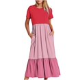 thumbnail image 2 of Sakmal Womens Dresses Short Sleeve Crew Neck T Shirt Maxi Red Patchwork Dresses ,Sizes S-2XL, 2 of 5