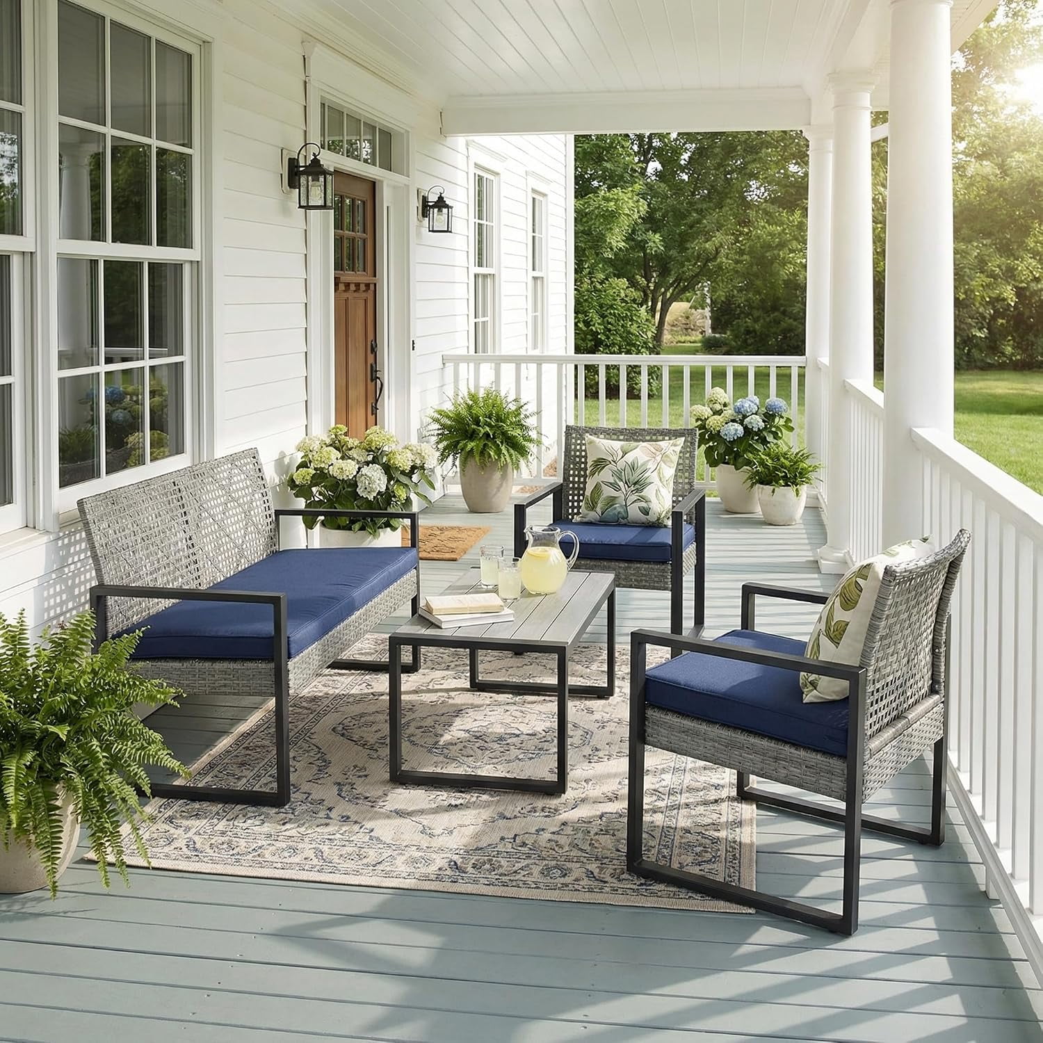 4-Piece Outdoor Patio Furniture Set, Acacia Wood Table Top, Light Gray Rattan with Blue Cushions
